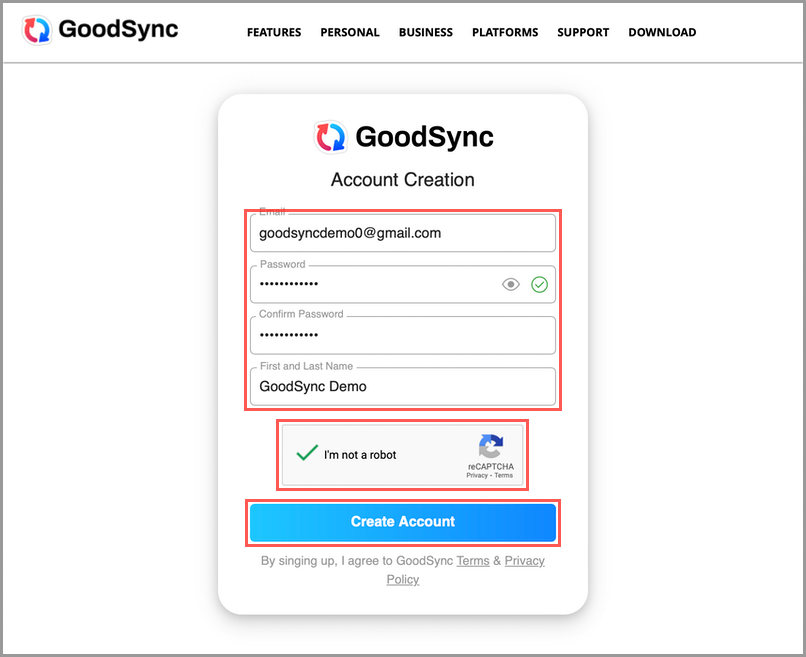 Web 網頁建立 GoodSync 賬戶表單