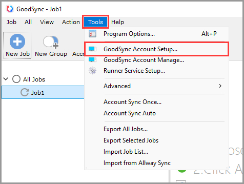 Windows 客戶端 Account Setup 選單