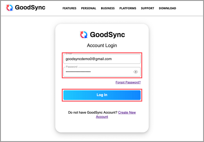 登入 GoodSync Account Web UI