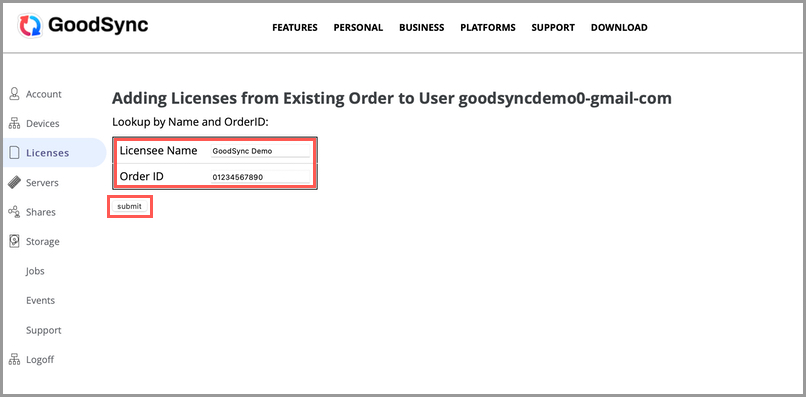 填寫 Licensee Name 與 Order ID
