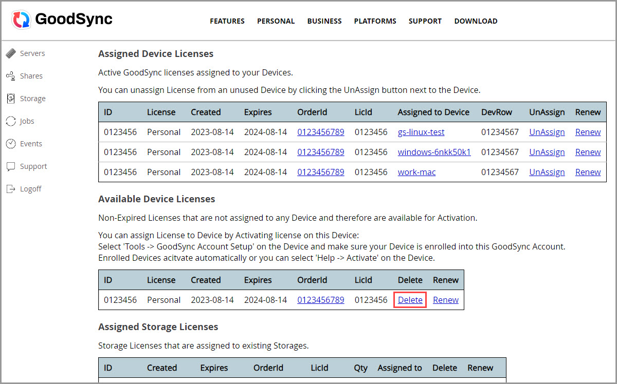 取消裝置分配並刪除 License