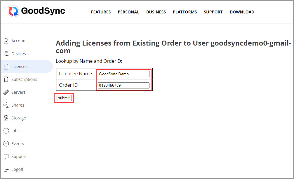 提交 Licensee Name 與 Order ID