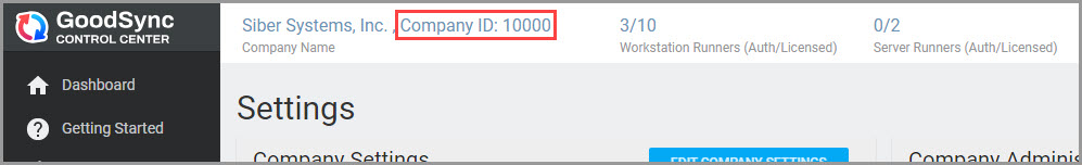 Control Center 頂部欄 Company ID 顯示位置