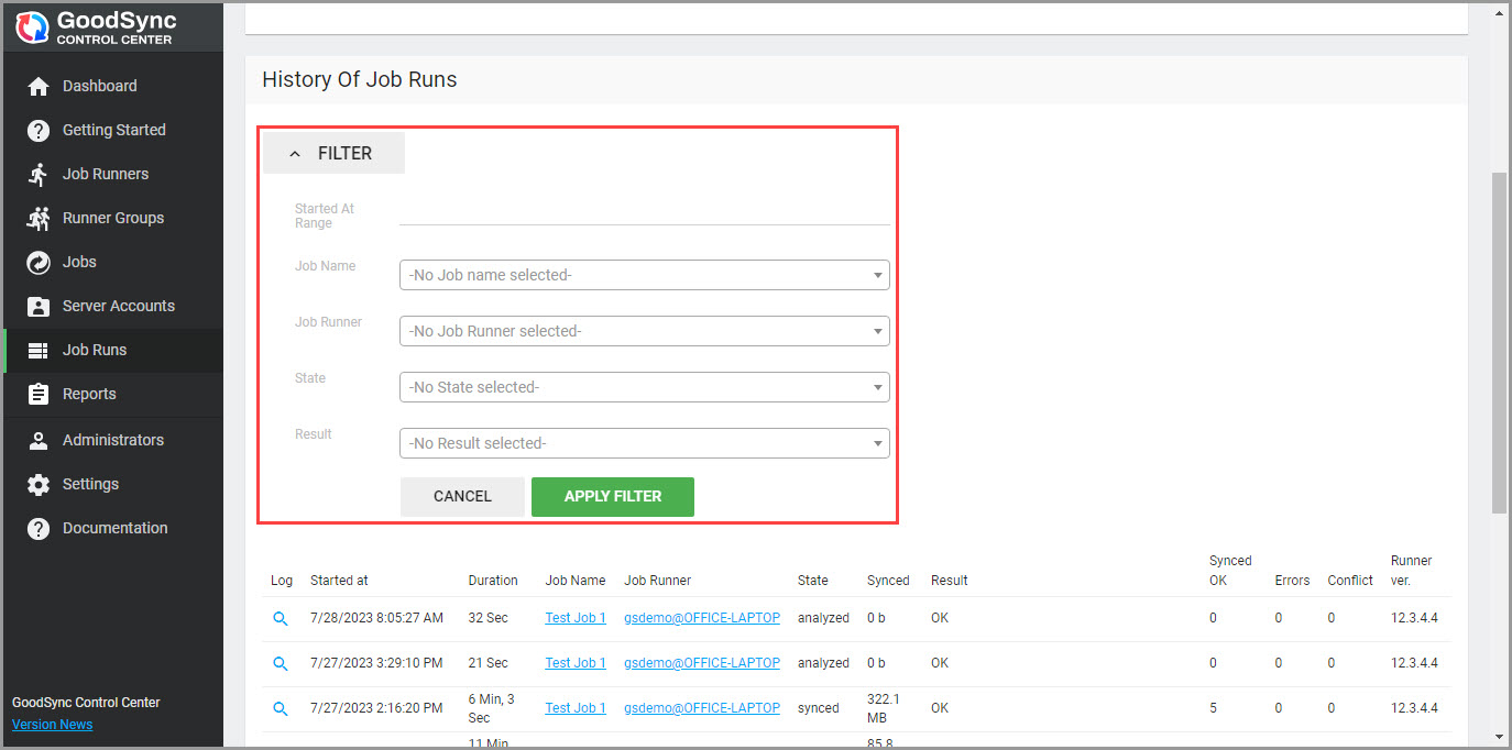 Control Center Job Runs 篩選器
